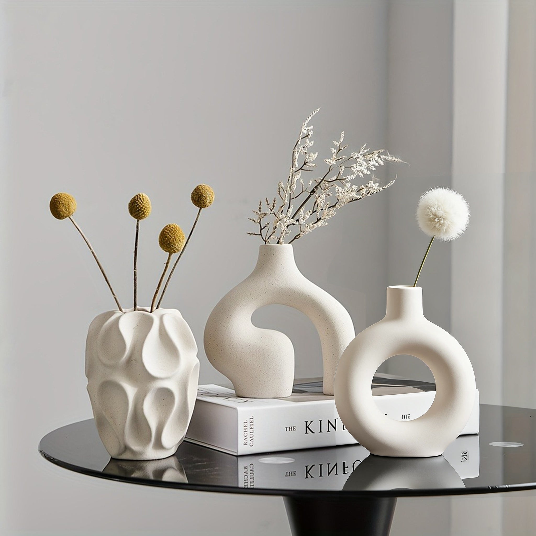 Kitchen Essential – Ceramic Vase Set 3 - Piece - Bohemian Farmhouse Style Decorative Vases Pampas Grass, Beige Vases Home Decor, Living Room, Kitchen, Bedroom, Entryway Mantel for Modern US
