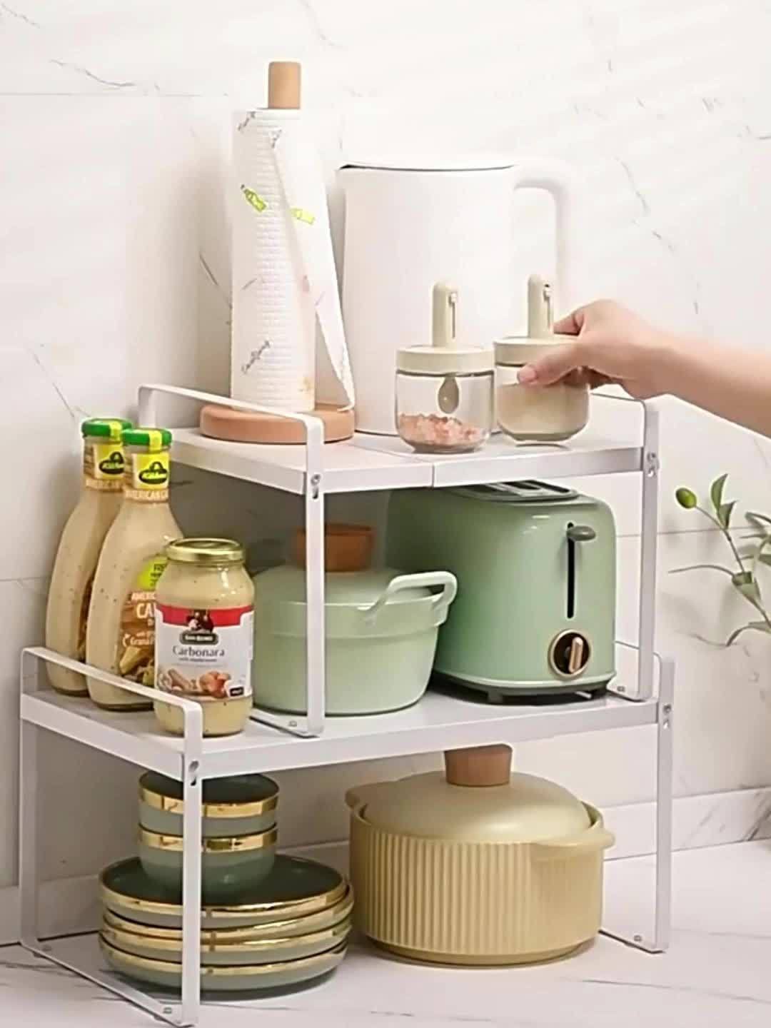 Cabinet Shelf Expandable Height Adjustable Organizer Riser for Kitchen Cabinet Pantry Cupboard Under Sink Countertop Organization Storage Space Saver Stackable Heavy Duty Metal, White/Black, for Christmas Gifts, Standing Shelf, Standing Shelf