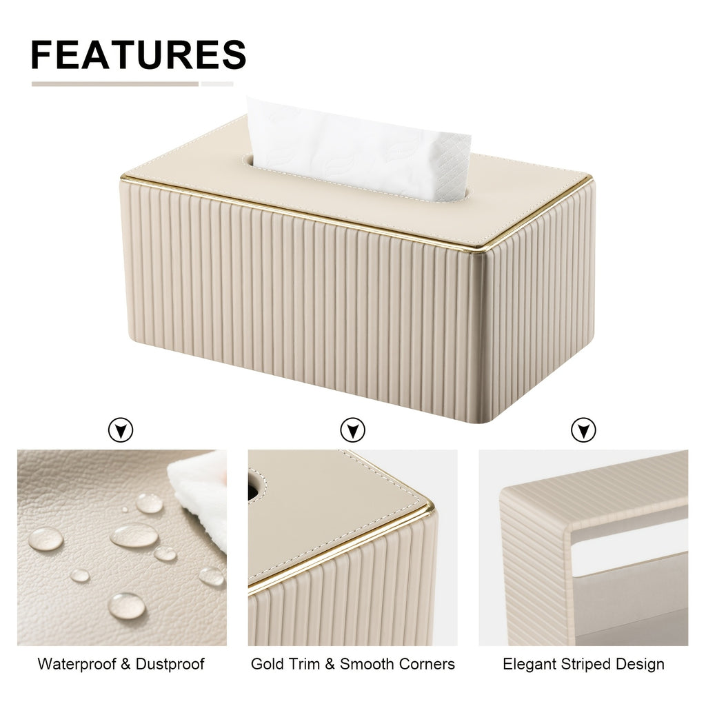 Smart Stackable Home Storage Bins – portable space-saving storage, Cream White Vertical Striped Faux Leather Tissue Box With Golden Trim Desktop Napkin Dispenser, designed for American homes, daily convenience and practical gifting