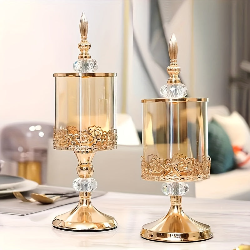 Easy-Access 2pcs Airtight Storage Jar Set – clear reusable pantry storage, 2pcs Vintage Elegant Glass Candy Dish with Lid Golden Crystal Jar for Candy Buffet, designed for American homes, daily convenience and practical gifting