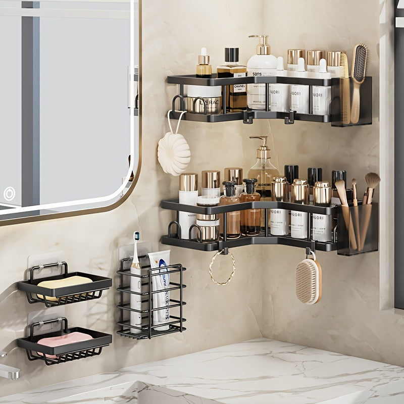 Premium 5pcs Adjustable Home Storage Rack – durable multi-purpose storage, Corner Shower Shelf 5pcs Set Adhesive Mounted Rust-Proof Corner Shower Organizer with Soap Dish, designed for American homes, daily convenience and practical gifting