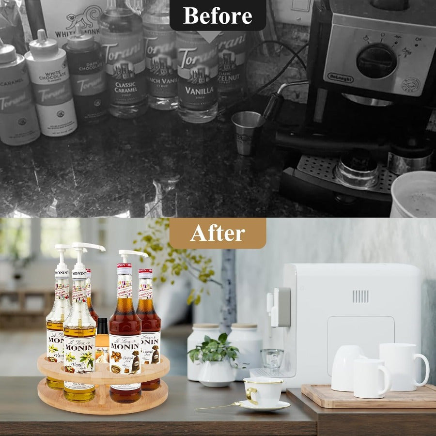 7 - Bottle 360 degree Rotating Storage Rack - Multi - Purpose Wooden Organizer for Kitchen Spices - Water Cups, Space-Saving Display Stand with Smooth Rotation,Tidy Desktop & Countertop Decor
