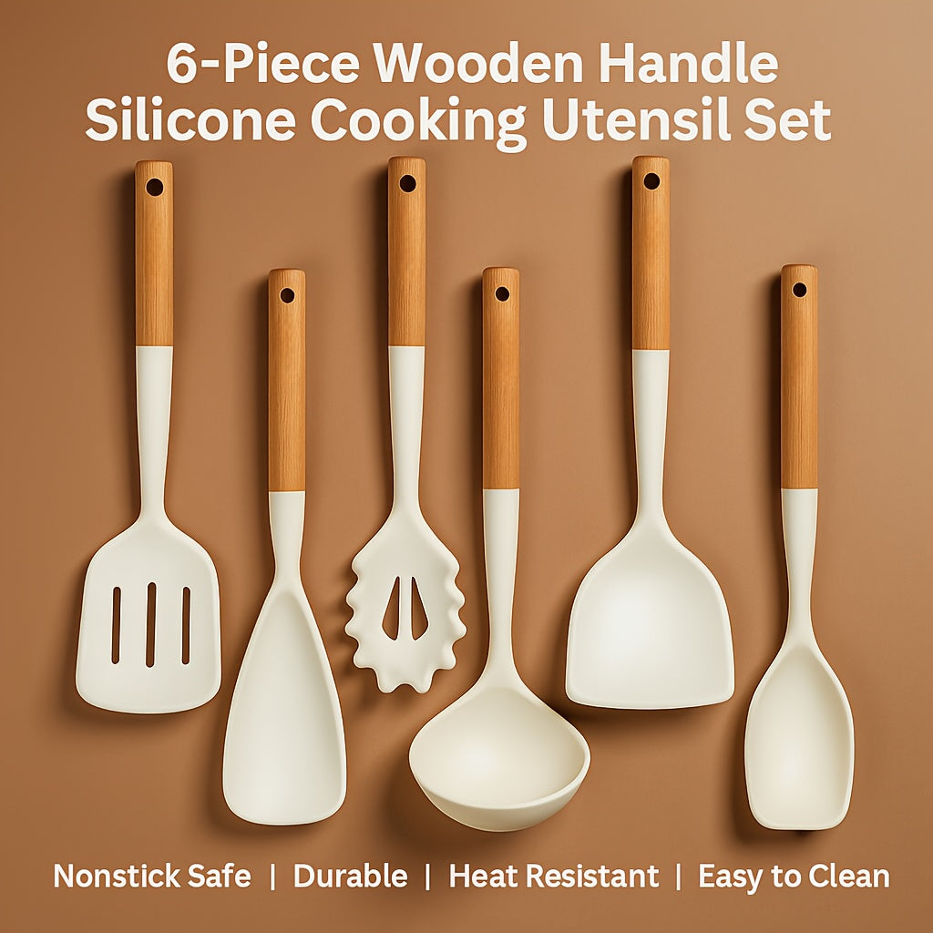 Kitchen Essential – Set of 6 Silicone Kitchen Tools with Wooden Handles, Heat-Resistant Spatula Set Suitable for Nonstick Cookware, Including Spatula, Turner, Spoon, And Ladle, Free from BPA