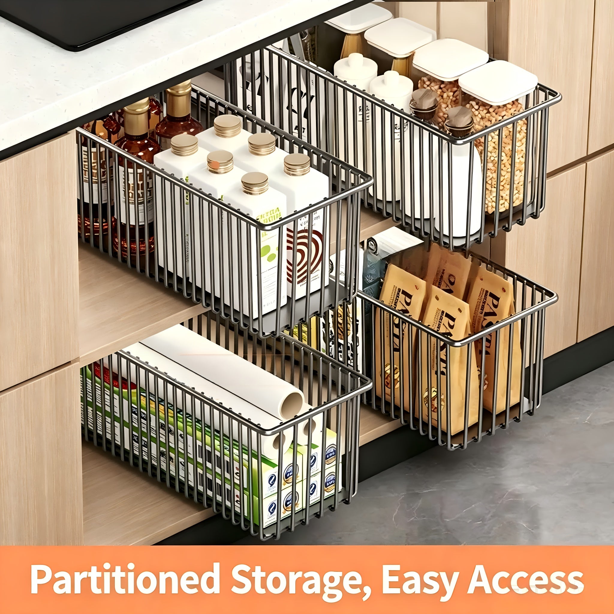 Pull-out Cabinet Organizer for Framed Cabinets. 16.73inch Deep, 7.09inch Height Keeps Seasonings Safe From Tipping. Ball-bearing Slides for Smooth, Quiet, Jitter-free Operation with Strong Load Capacity. Large Capacity Fits Kitchen Utensils