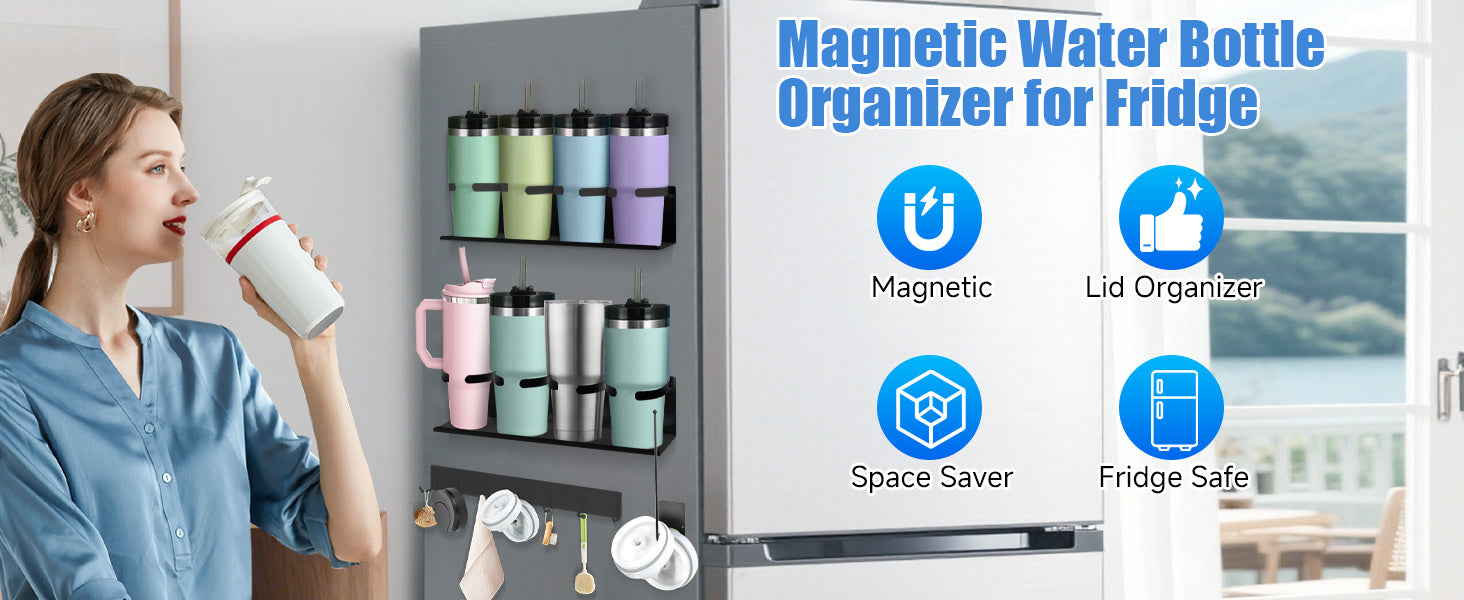 Kitchen Essential – 4-Pack Magnetic Cup Holder for Refrigerator, Magnetic Tumbler Lid Organizer for 20Oz 30Oz 40Oz Cups, Water Bottle Holder Rack with 7 Hooks for Kitchen Fridge Cabinets (Bl