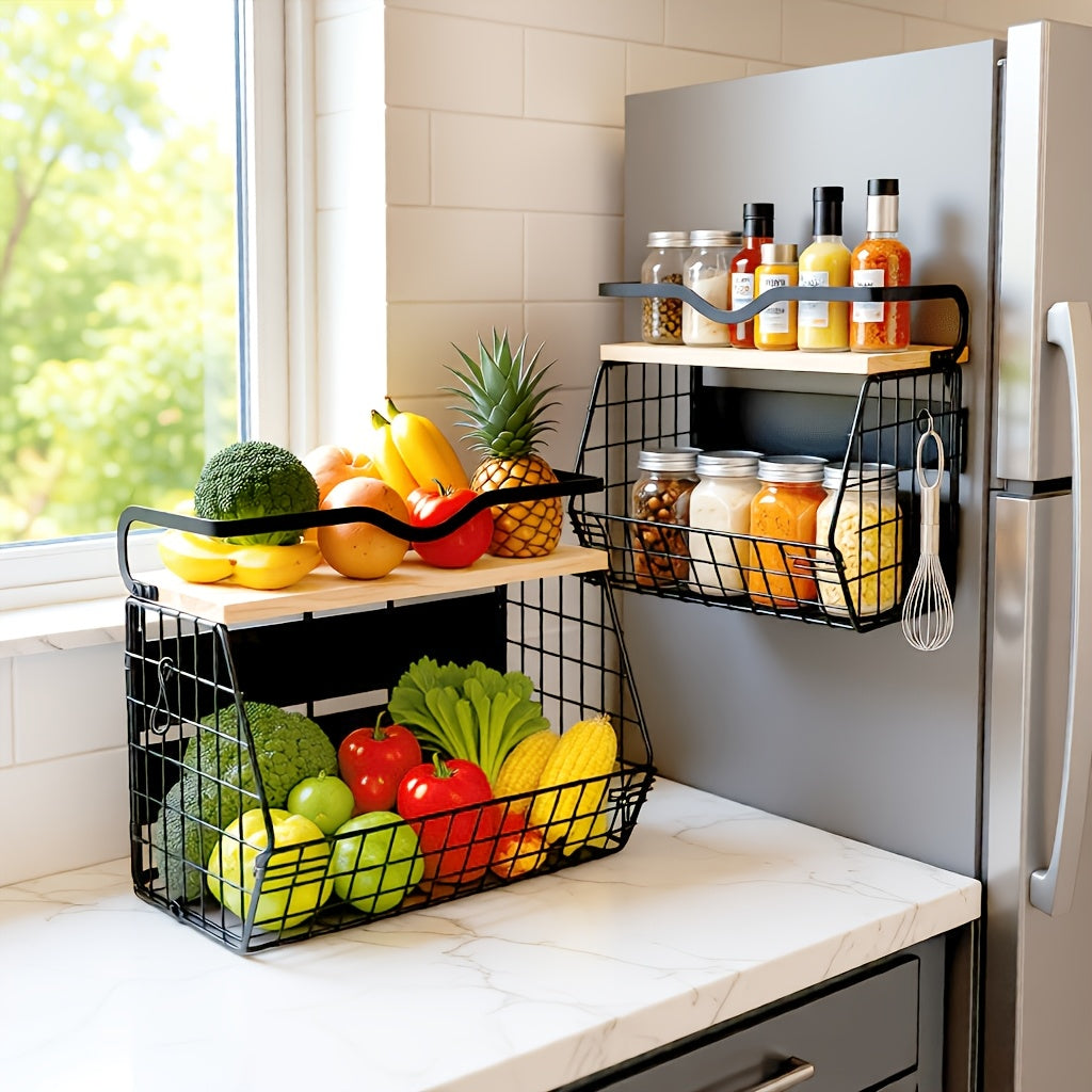 Storage Bins – versatile meal preparation, 1 2pcs Magnetic Fridge Shelf with Wooden Lid Fruit Pot