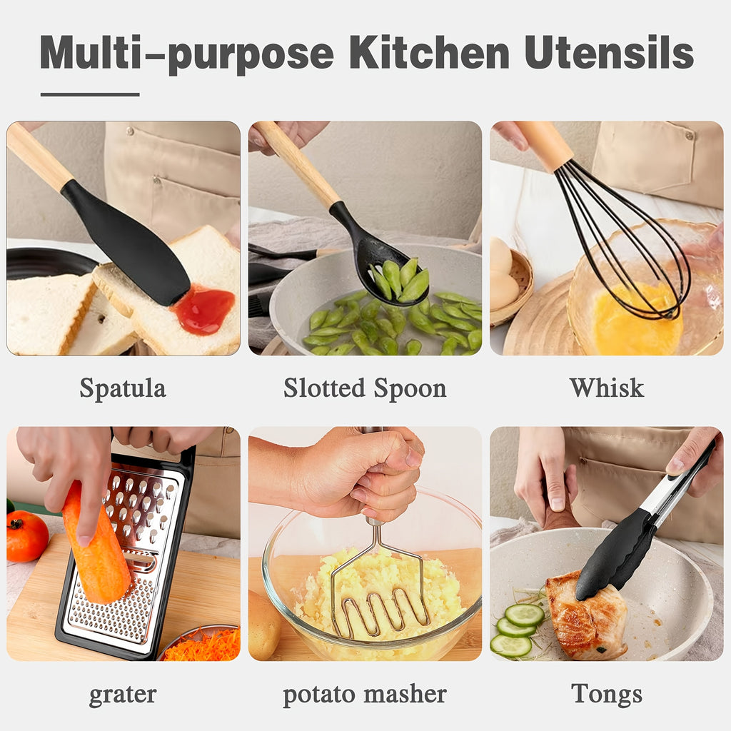 Kitchen Essential – 44pcs Silicone Kitchen Utensil Set with Holder, Nonstick Cooking Utensils, Wooden Handle Kitchen Tools, Spatula Turner Spoon Tongs Whisk Measuring Cups, Kitchen Accessori