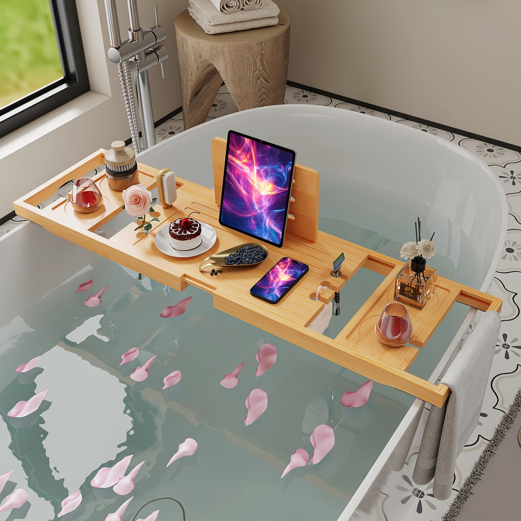 Sturdy And Durable Bathtub Tray, Made Of Wood. The Bath Table Tray Is Adjustable. The Bathtub - Specific Bath Caddy Tray Ensures Hassle - Free Storage. A Thoughtful Gift for Her.