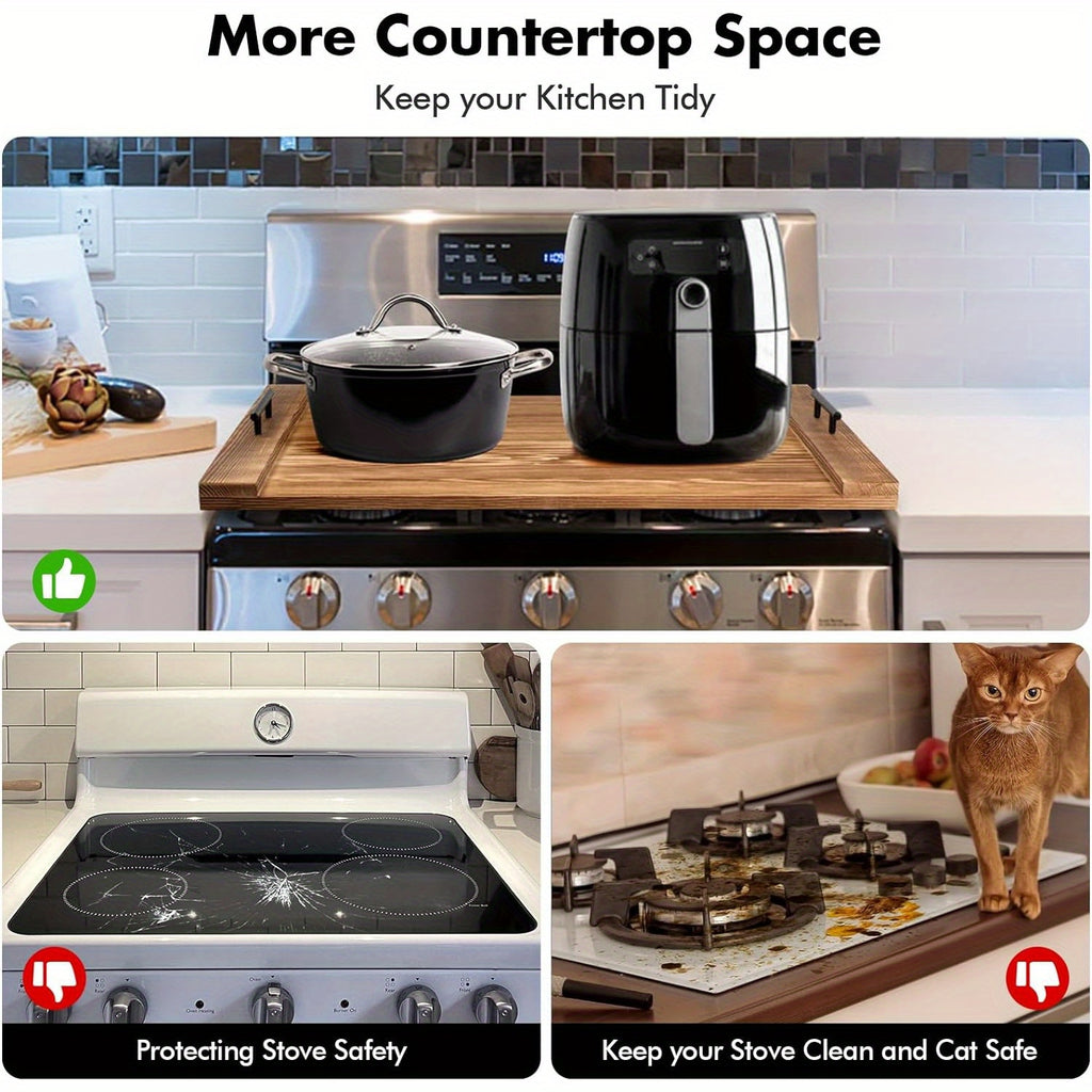 Premium Acacia Wood Stove Cover with Handles - Versatile Cutting Board & Serving Tray for Gas Stove Top, Glass Cooktop Protector, Rustic Kitchen Decor, Food-Safe & Durable Design, Countertop Protector | Decorative Stove Top | Smooth Wooden Finish