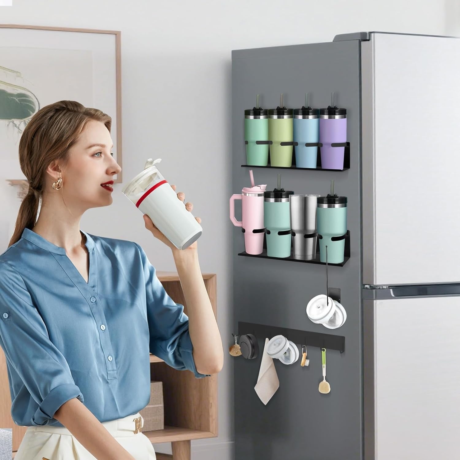 Kitchen Essential – 4-Pack Magnetic Cup Holder for Refrigerator, Magnetic Tumbler Lid Organizer for 20Oz 30Oz 40Oz Cups, Water Bottle Holder Rack with 7 Hooks for Kitchen Fridge Cabinets (Bl