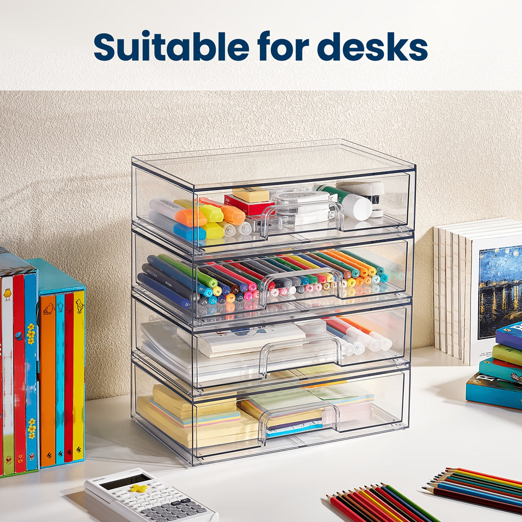 7.5"D X 12.1"W X 3.5"H Table And Drawer Storage, 2-Pack Clear Stackable Storage Drawers, Acrylic Plastic Organizer Bins, Ideal for Desk Organization, Desk & Drawer Organizer for Home Storage