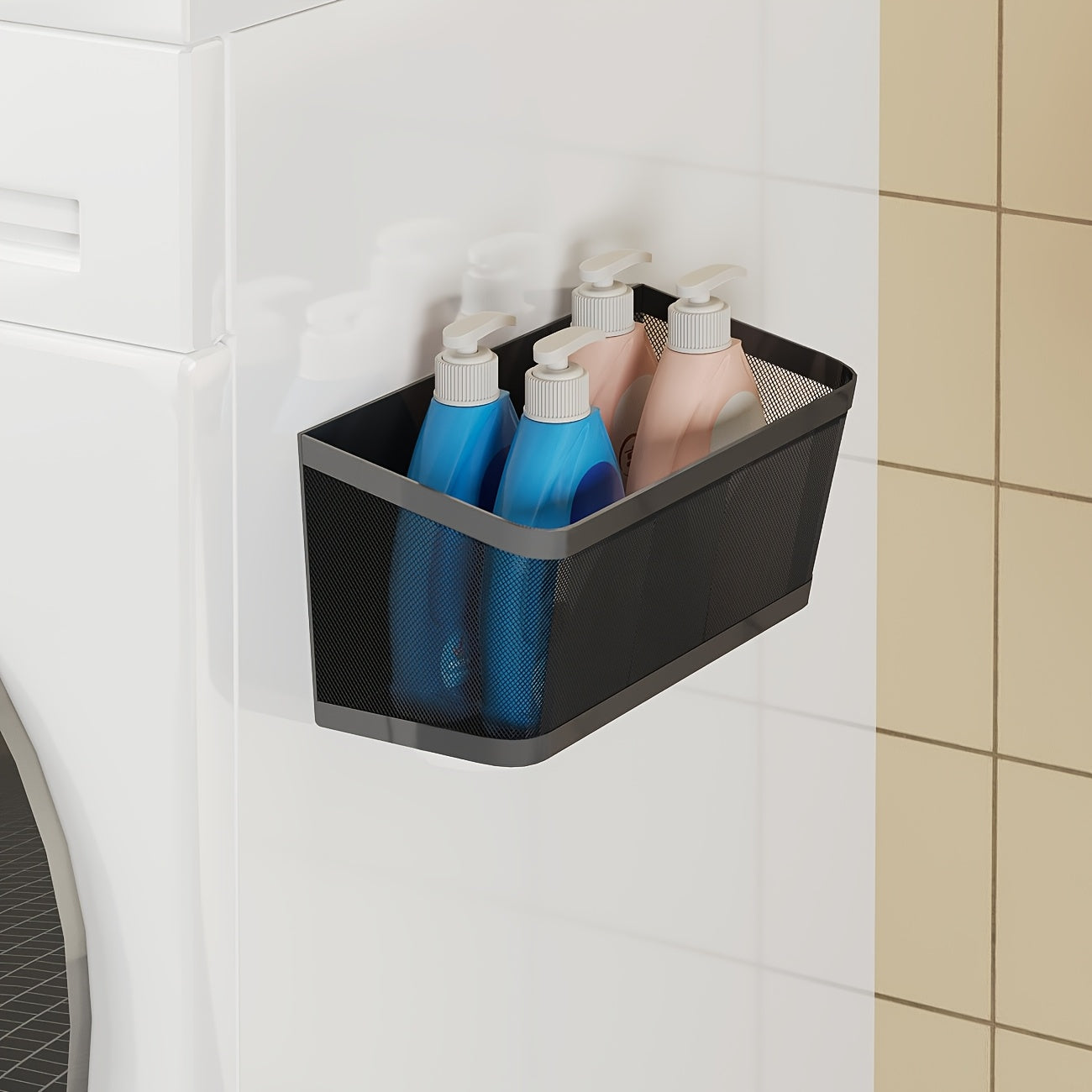 2pcs Magnetic Storage Baskets with Heavy-Duty Carbon Shelf - Magnetic Base Suitable for Washing Machine, Fridge & Laundry Room Organization - Space-Saving Shelving for Detergent, Fabric Softener, Spice Rack (Black), Laundry Baskets