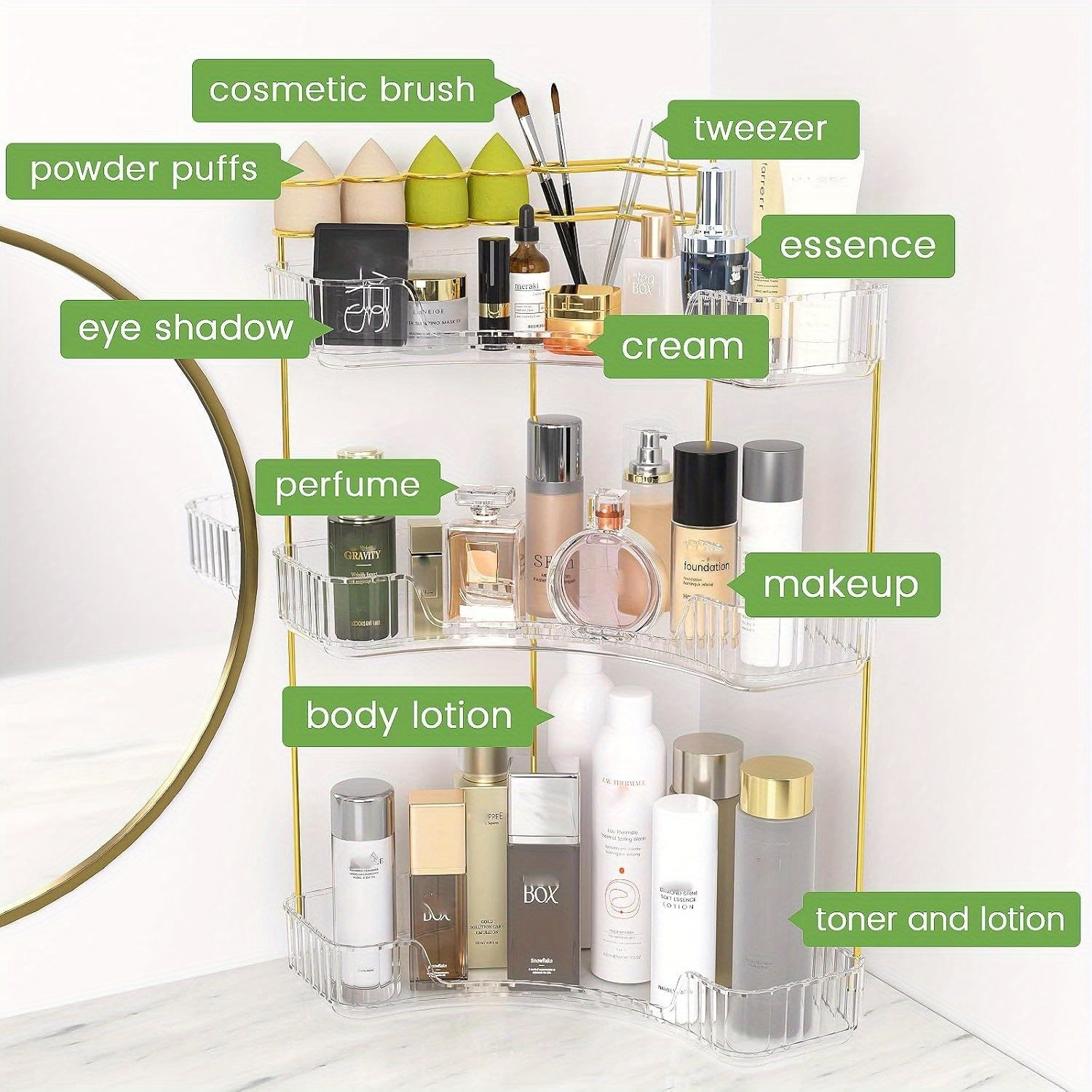 Home Organizer – 2-in-1 Corner Bathroom Counter Organizer - 2-Tier/3-Tier Space-Saving Shelf with B