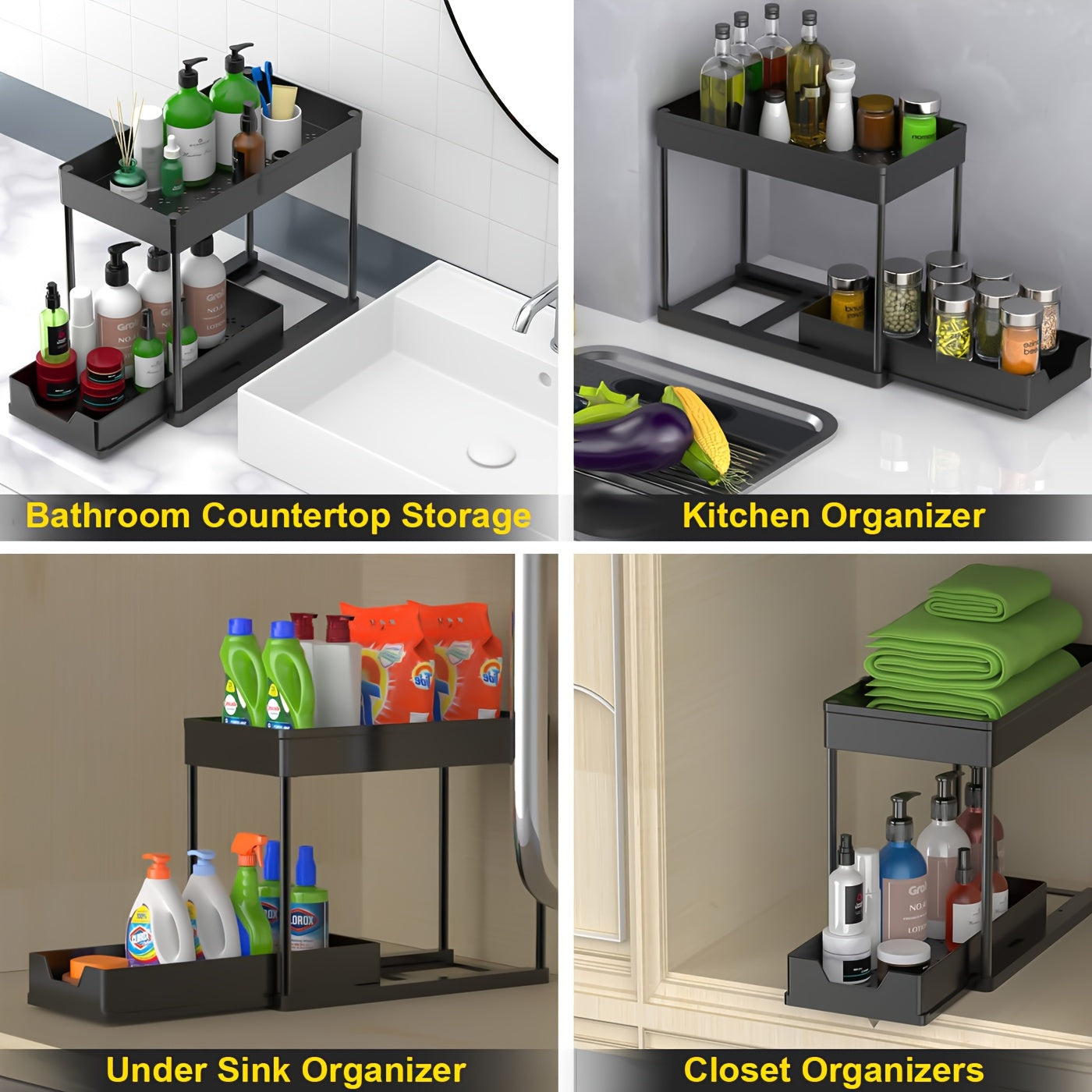 Modern 2pcs Pull-Out Cabinet Organizer – smooth-access cabinet organization, 2pcs Sliding Cabinet Basket Storage Drawer Under Sink Organizer Bathroom Cabinet Organizer Multi-Purpose Organizer, designed for American homes, daily convenience and practi
