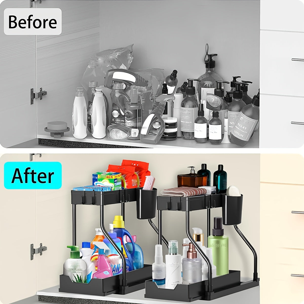 Home Organizer – 2pcs Under Sink Organizer with Sliding Shelves - Durable Pull-Out Cabinet Organize