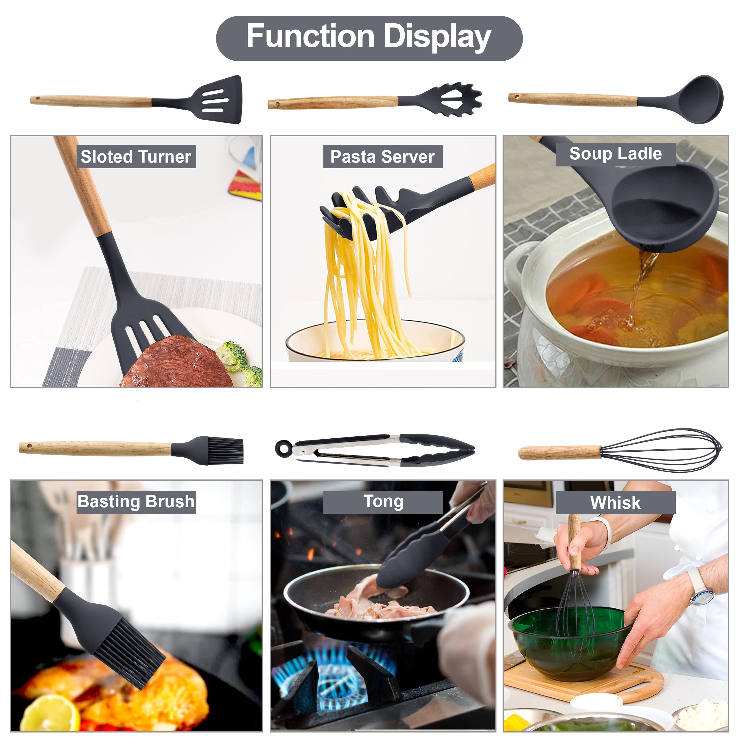 Kitchen Essential – 35 Piece Kitchen Utensils Set with Holder - Heat Resistant Wooden Handle - Silicone Non-Stick Cooking Spatula, Kitchen Essentials Tools and Gadgets for Modern US Homes, e