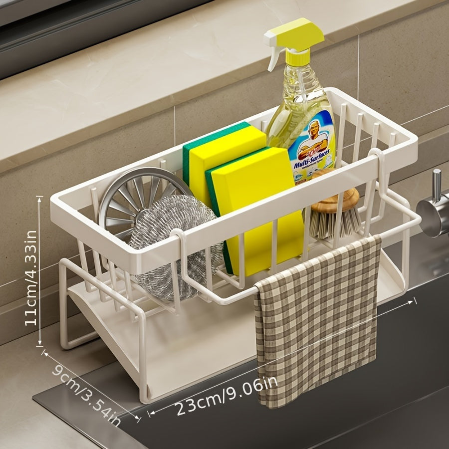 Kitchen Essential – High Quality Kitchen Sponge Rack Above Sink, Carbon Steel and Plastic Dishwasher Rack, Multifunctional Towel and Sponge Storage Rack, Space Saving Home Organizer -9.06x4.