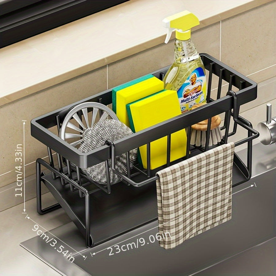 Kitchen Essential – High Quality Kitchen Sponge Rack Above Sink, Carbon Steel and Plastic Dishwasher Rack, Multifunctional Towel and Sponge Storage Rack, Space Saving Home Organizer -9.06x4.