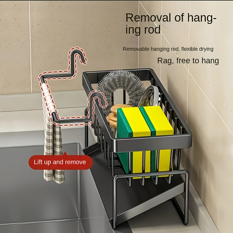 Kitchen Essential – Heavy-Duty Metal Kitchen Sink Organizer Tray - Built-in Sponge Holder with Dish Brush Slot - Space-Saving Countertop Organizer Compatible with Standard Sinks - Easy-Clean