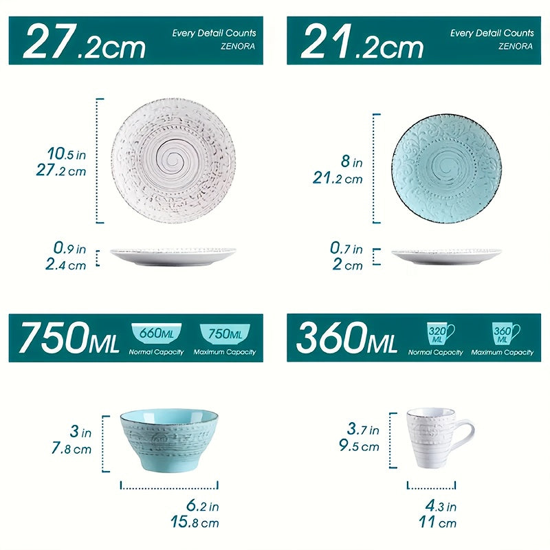 [Gifts For Weddings] Zenora 32pcs Ceramic Dinnerware Set, Embossed Modern White Porcelain Plates And Bowls For Dinner And Dessert, Microwave & Dishwasher & Oven Safe, Durable Tableware, Home Kitchen & Restaurant Use And Family Serving/ Gifts For Weddings