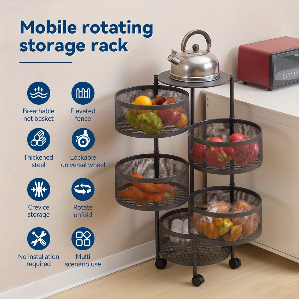 Rotatable Multi-Layer Circular Storage Rack, Mobile Storage Cart, Round Floor-Standing Multi-Layer Rotatable Vegetable Basket Storage Rack, Practical Storage Rack, Storage Items File Rack, Perfect for Kitchen, Office, Bathroom, Living Room, Bedroom
