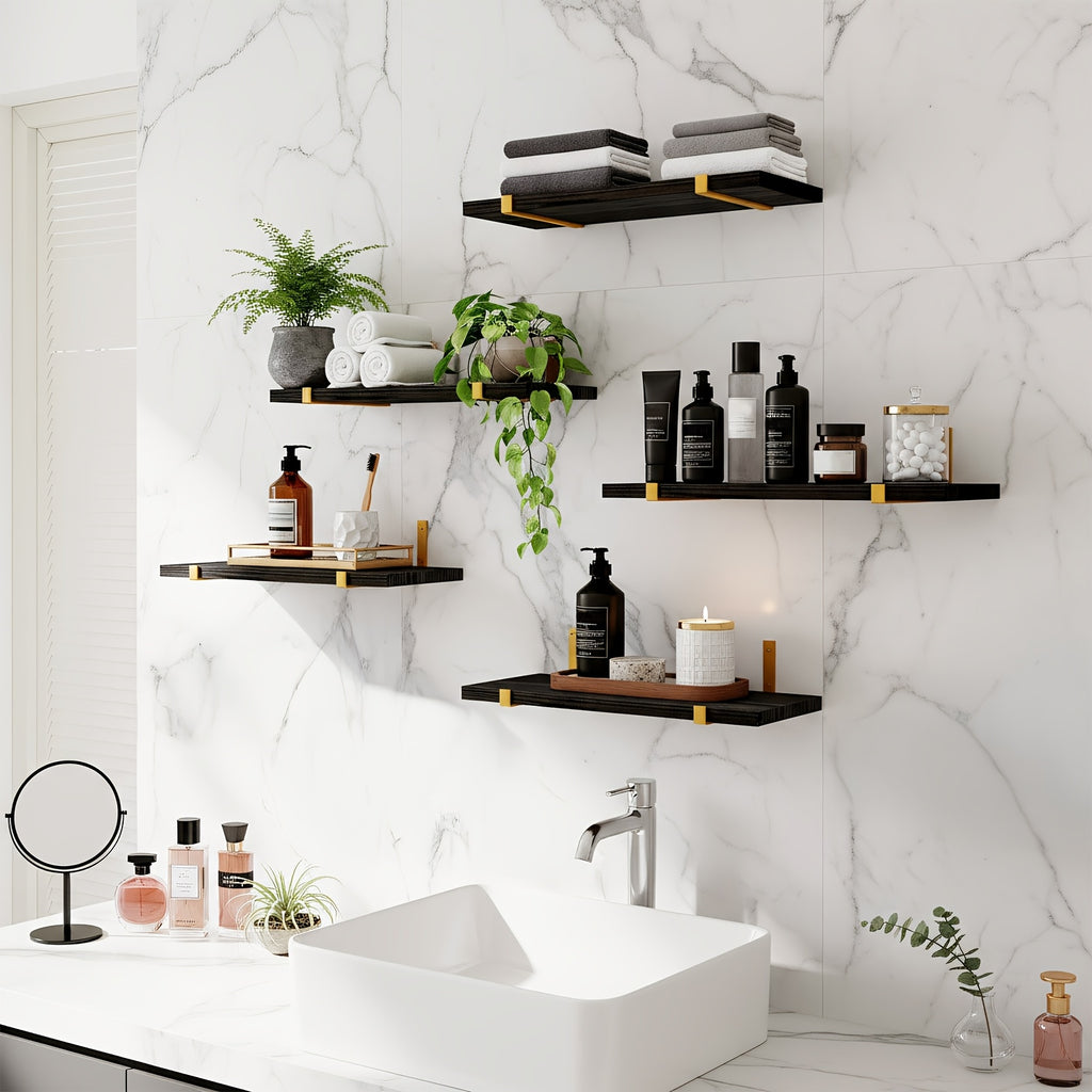 TOMNK 5pcs Rustic Floating Shelf Set, Size 15.8x4.7 Inches, Suitable for Bedroom, Living Room, Kitchen, Bathroom, Home Decor, Laundry Room, Office, and Plant Display - Rustic Wooden Wall Storage Shelves, Floating Shelves