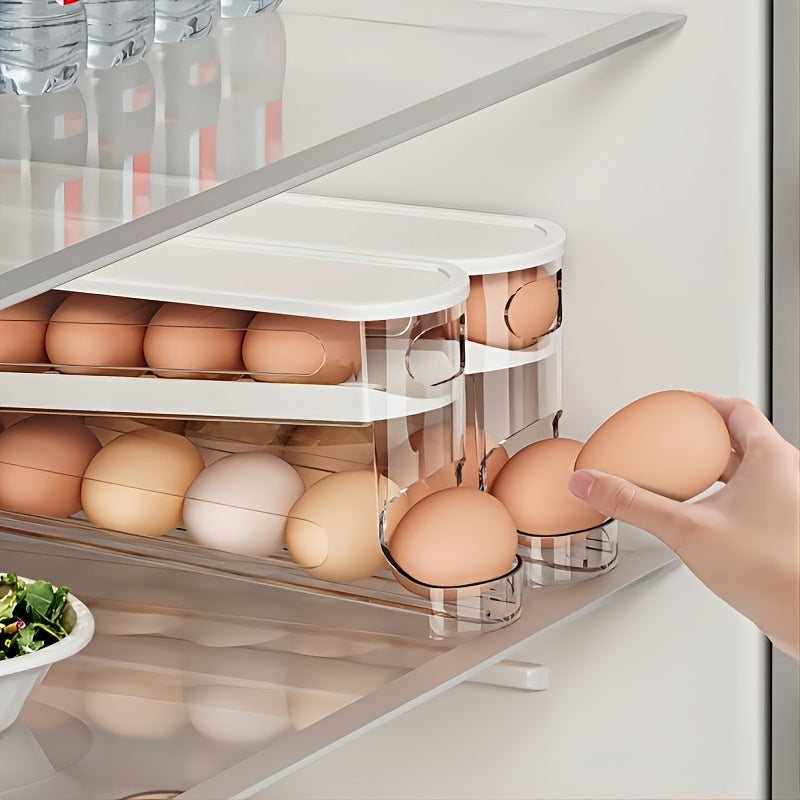 Automatic Rolling Sliding Egg Rack, Space-Saving Design with Easy Access Sliding Tiers And Transparent Compartment, for Kitchen And Refrigerator Storage, Durable No Batteries Required