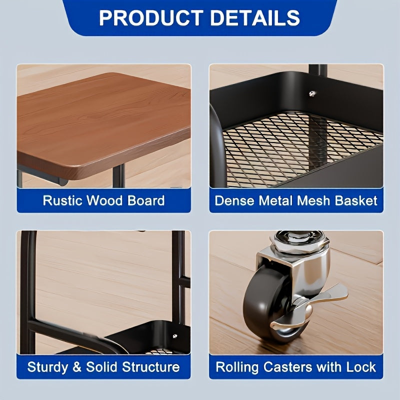 Premium Adjustable Home Storage Rack – durable multi-purpose storage, Three-Tier Metal Utility Cart Metal Storage Rack Rolling Cart with Wooden Tabletop Multifunctional Storage, designed for American homes, daily convenience and practical gifting