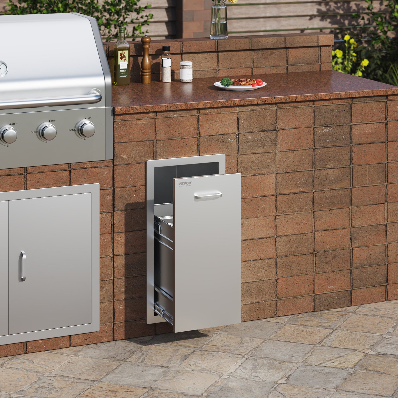 VEVOR Pull Out Trash Drawer 13.6Wx26H Inch Lower Sliding Rails Stainless Steel Trash Drawer with Pull-Out Tray and Handle for Outdoor Kitchen BBQ Island