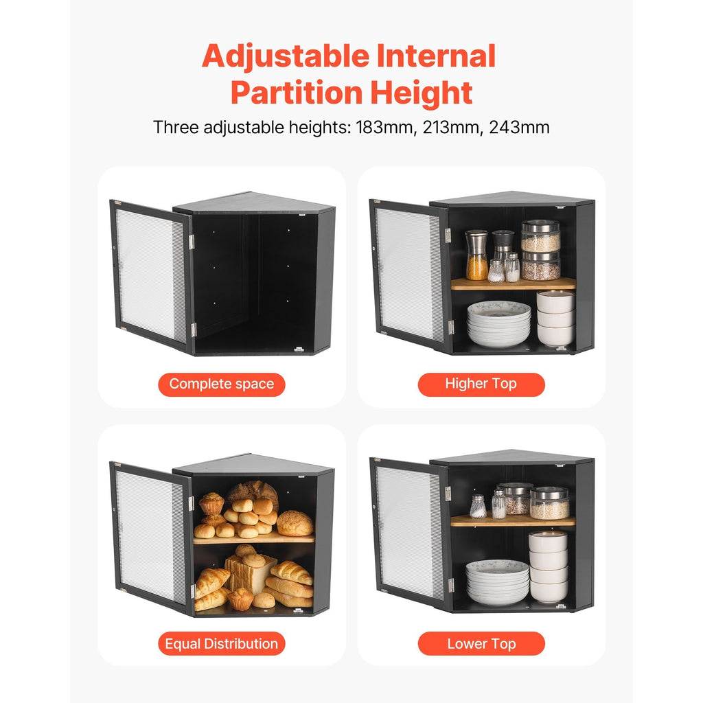 VEVOR Corner Bread Box for Kitchen Counter Double Layer Bamboo Storage Container Black / Natural
