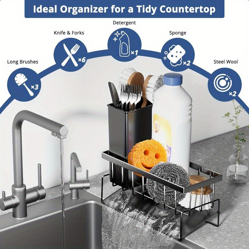 Kitchen Essential – High Quality Kitchen Sponge Rack Above Sink, Carbon Steel and Plastic Dishwasher Rack, Multifunctional Towel and Sponge Storage Rack, Space Saving Home Organizer -9.06x4.