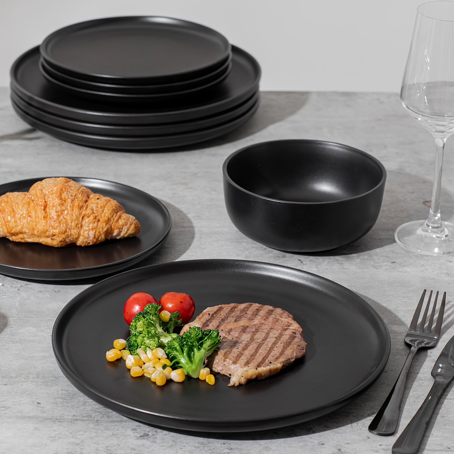 12pcs Matte Black Stoneware, Scratch  Stylish Straight Shapes Plates And Bowls, Christmas Kitchen Accessories, Service for 4, Minimalist Round Style, Microwave And Dishwasher Safe