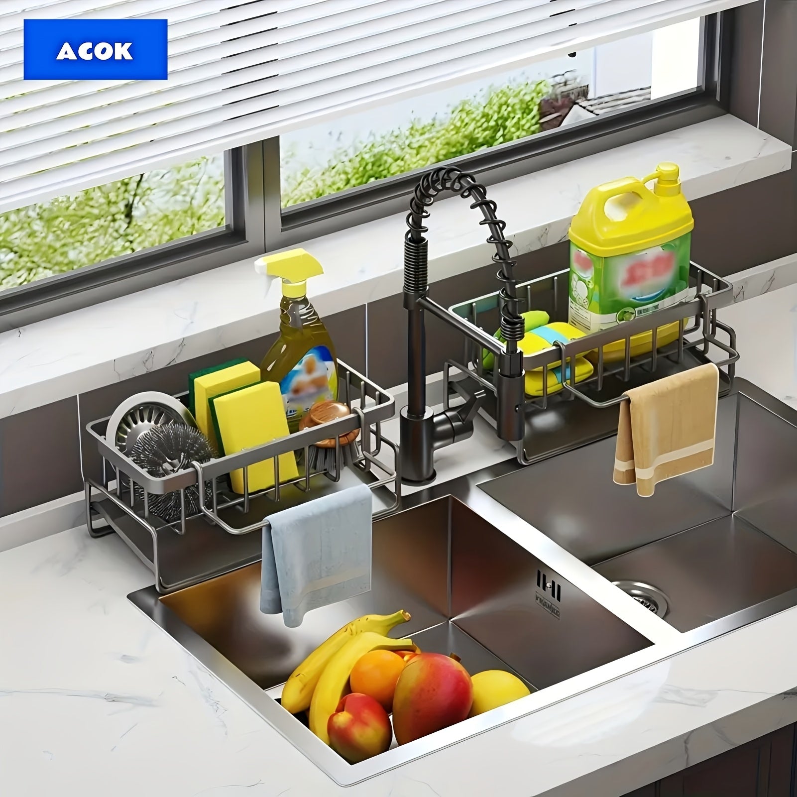Kitchen Sink Sponge Rack Self-Draining Kitchen Sink Organizer, Sink Rack, Dish Brush Rag Soap Scrub Additions for Countertop Baskets, Buckets And Containers, Baskets, Buckets And Containers for Home Organization