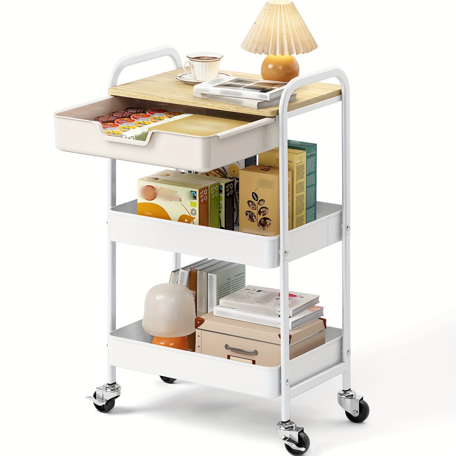 3-Tier Metal Utility Rolling Cart Featuring a Drawer And Table Top, a White Storage Trolley for Kitchen Organization, Suitable for Office, Classroom, Home, And Bedroom with Lockable Wheels