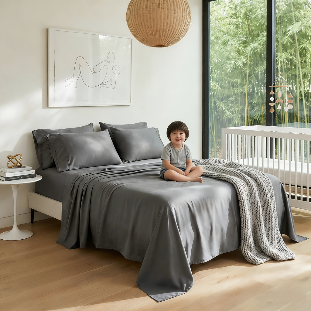 Extra Deep Pocket Bamboo Fiber Bed Sheet Set - Breathable and Cooling Bed Sheet - Luxury Hotel Bed Sheet Set - Soft, Wrinkle-Resistant, and Comfortable - Easily Fits Extra Deep Mattresses. Includes Children's Pillowcases, Flat Sheet, and Fitted Sheet