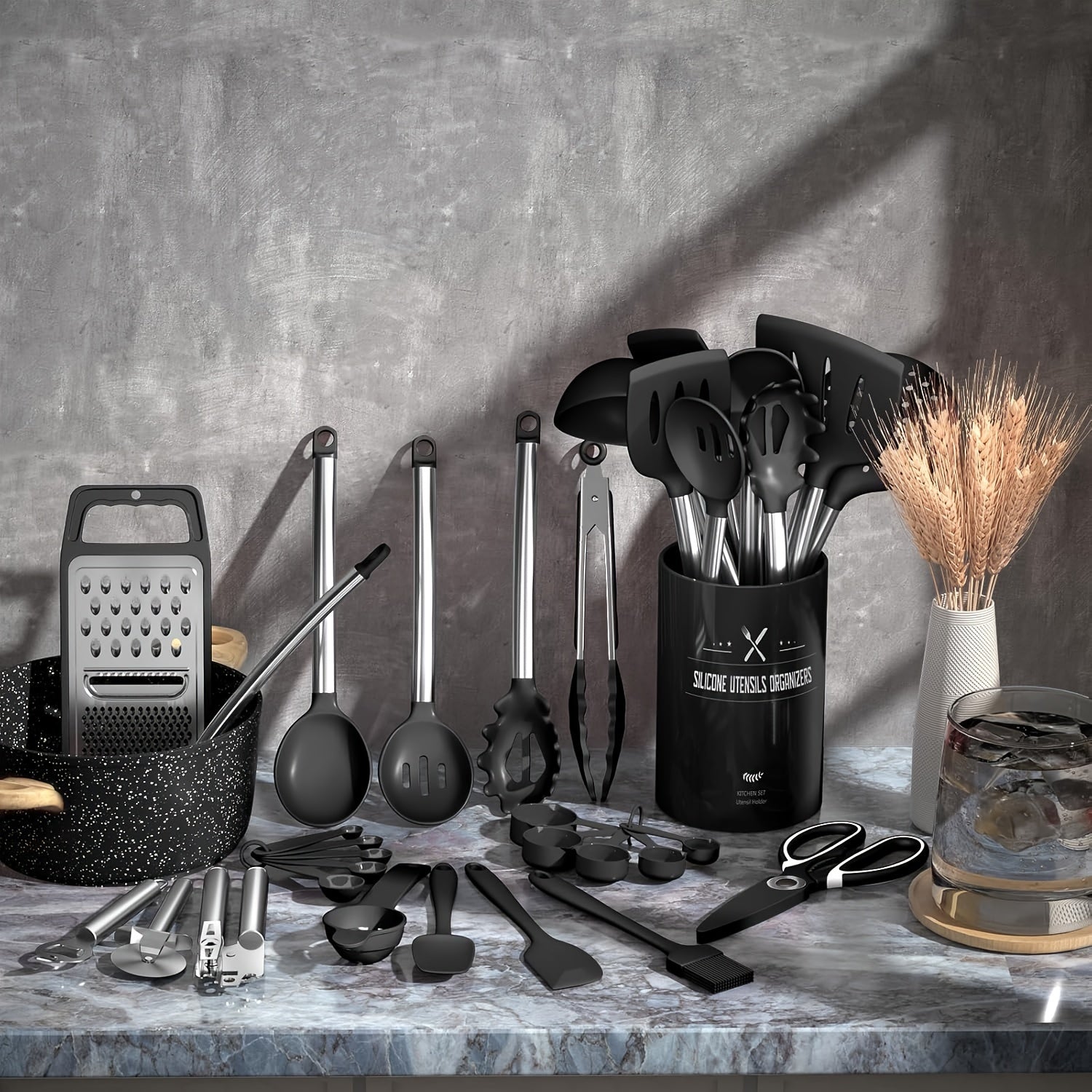 Space-Saving 34pcs Kitchen Cookware Set – versatile meal preparation, Kitchen Utensils Set-34pcs Silicone Cooking Utensils Set for Nonstick Cookware-Silicone Spatulas Set Stainless Steel, designed for American homes, daily convenience and practical g