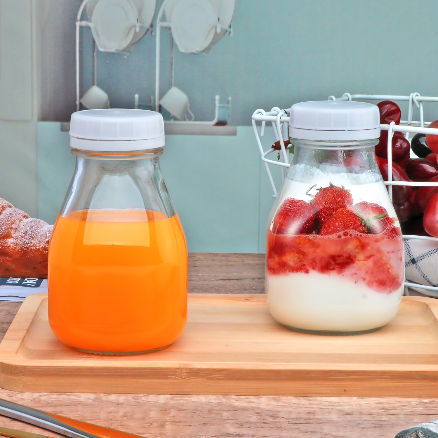 4/8/12/16pcs 11 Oz Glass Bottles, Glass Milk Bottles with Lids, Vintage Breakfast Shake Container, Vintage Drinking Bottles
