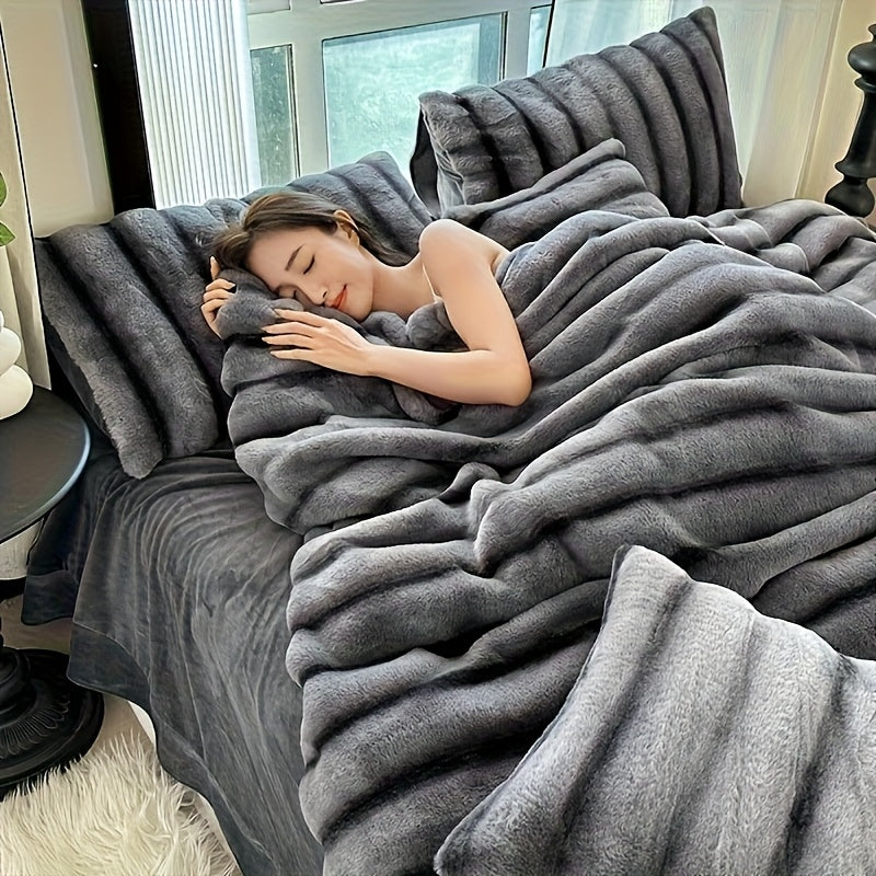 Smart Cozy Home Textile Accent – comfortable everyday home styling, Striped Luxurious Faux Rabbit Fur Throw Blanket Ultra-Soft Double-sided Blanket Kids Blanket ClassicStripe Pattern, designed for American homes, daily convenience and practical gifti