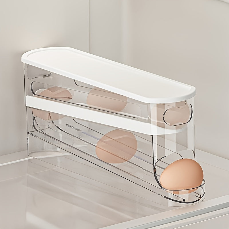 Automatic Rolling Sliding Egg Rack, Space-Saving Design with Easy Access Sliding Tiers And Transparent Compartment, for Kitchen And Refrigerator Storage, Durable No Batteries Required