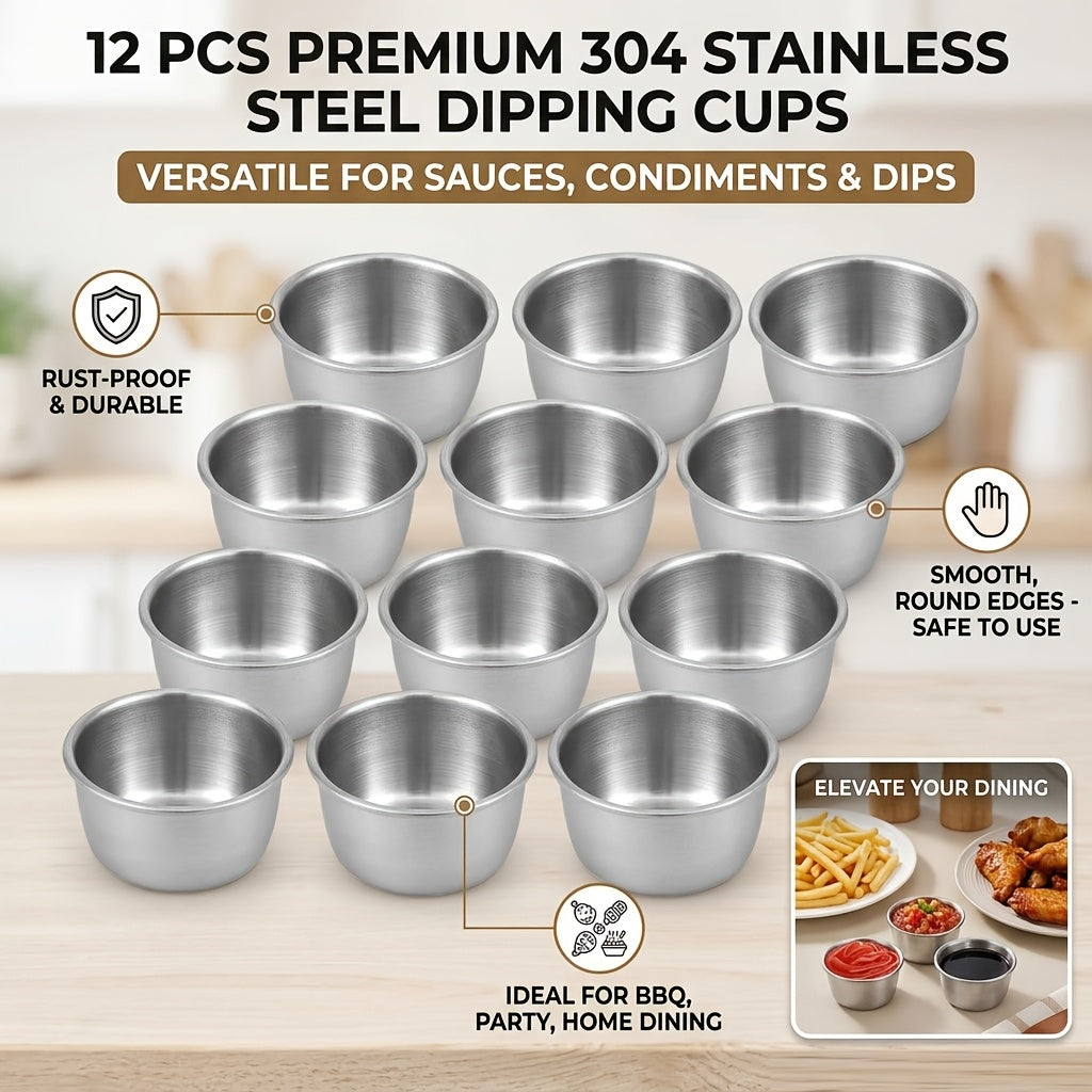 12pcs 304 Stainless Steel Sauce Dipping Bowls - 1.52/1.86oz Round Mini Dipping Cups, Reusable Sauce Dishes for Home Party Restaurants