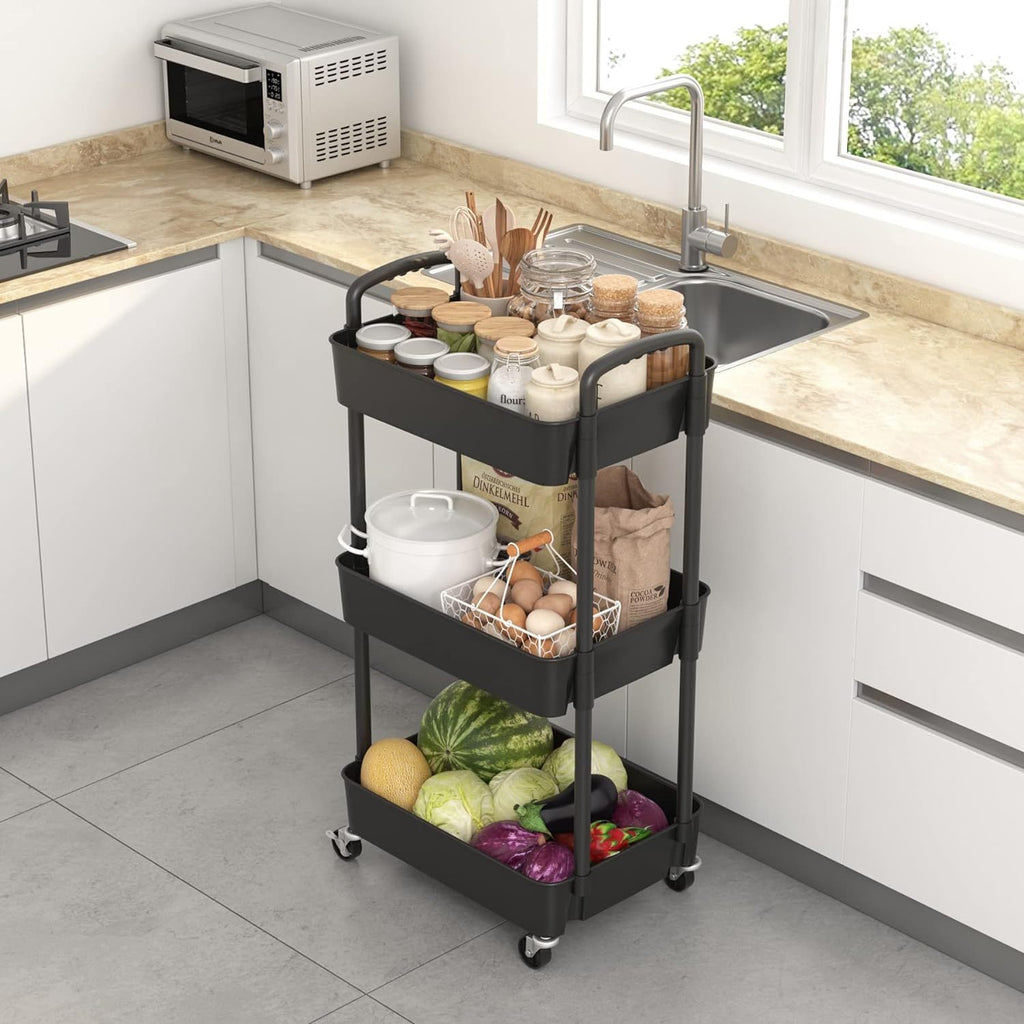 Smart Adjustable Home Storage Rack – durable multi-purpose storage, 3-Tier Plastic Rolling Utility Cart with Handle Multi-Functional Storage Trolley for Office Living Room, designed for American homes, daily convenience and practical gifting