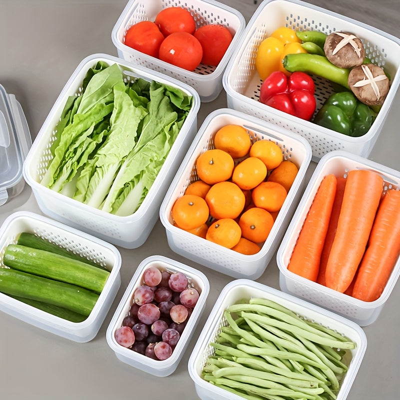 Stackable Fridge Storage Box with Removable Draining Basket, BPA-Free Polypropylene Food-Safe, Ideal for Fresh Kitchen Organization Portable Lunch and Picnic Container, Multi-Functional Food Divider for Fruits Vegetables Meats Grains Salads, Versatile Con