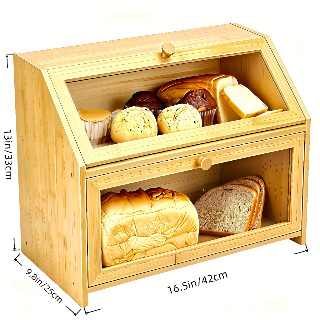 Countertop Bread Box With Transparent Window |Double-Layer Bread Storage Box For Kitchen | Large-Capacity Food Storage Container.