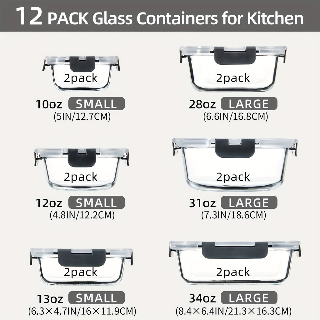Smart 24pcs Glass Meal Prep Container Set – leak-resistant reusable meal prep, 24pcs 12 Lids 12 Glass Bowl Borosilicate Glass Food Storage Containers with Airtight Lids, designed for American homes, daily convenience and practical gifting