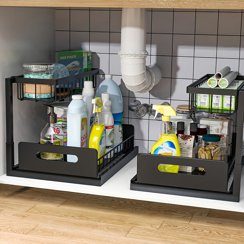 Kitchen Essential – Two-Tier Under-Sink Organizer Featuring a Sliding Drawer, Metal Pull-Out Storage Rack for Kitchen, Bathroom, Or Closet, Designed for Space Efficiency And Easy Access for