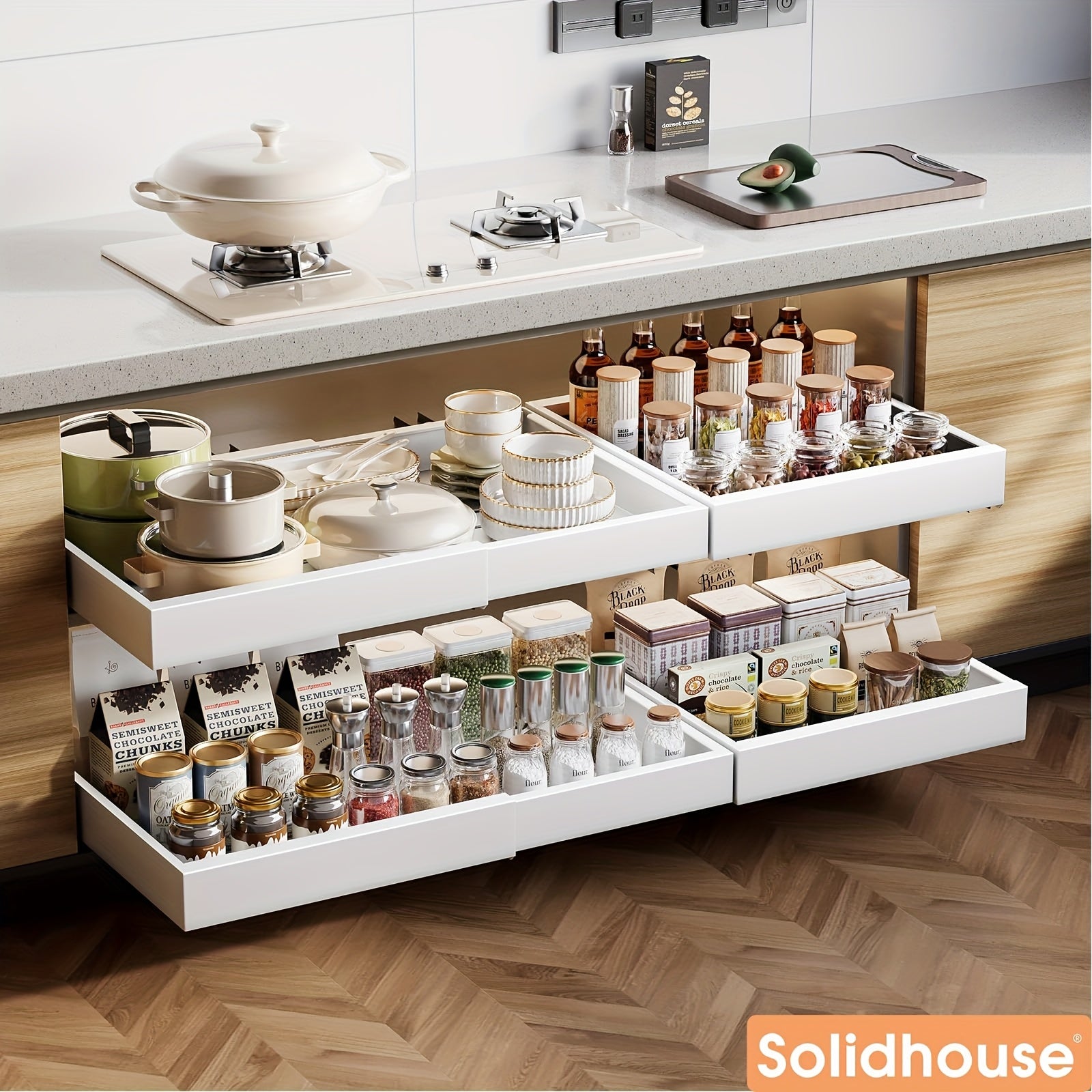 4-Pack Carbon Steel Expandable Pull Out Cabinet Organizer (12.6"-20.6"W), Rust-Resistant Silent Sliding Drawers with Adhesive Nano Film Or Nail Installation, 17" Deep Slide Out Drawers for Kitchen, Pantry