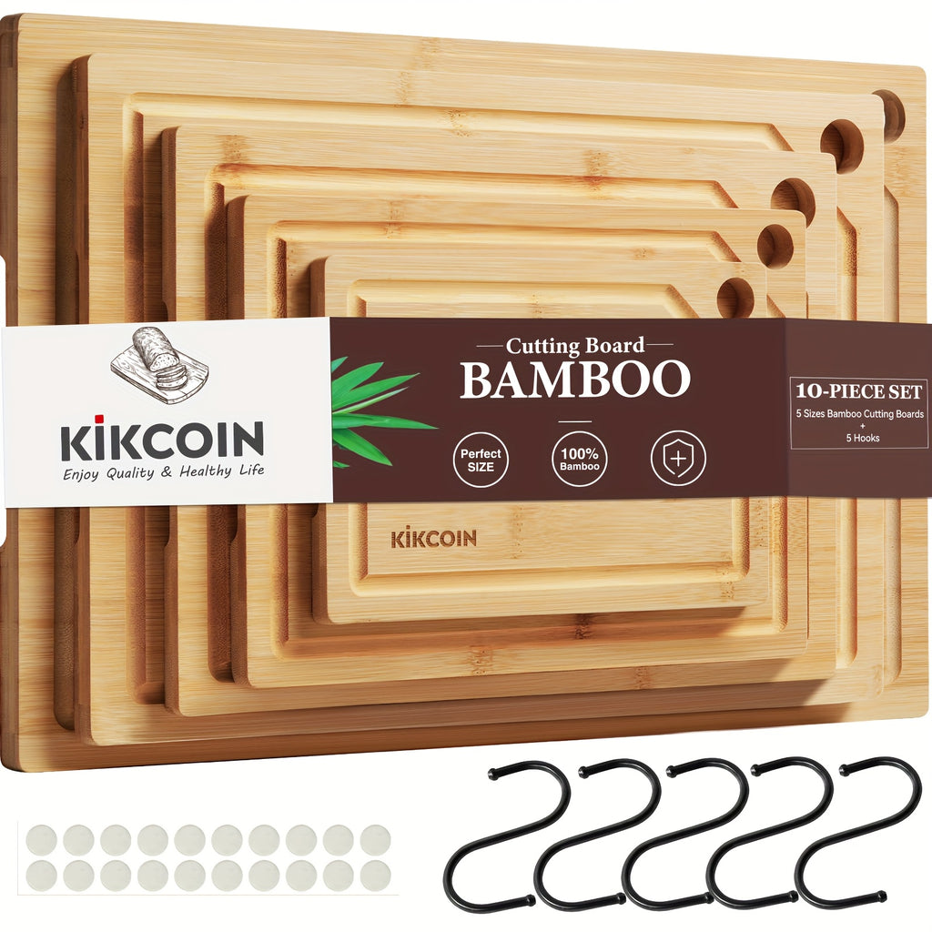 Modern 10pcs Bamboo Cutting Board Set – durable food prep and serving, 10pcs Bamboo Cutting Board Set with Hooks Trays Natural Bamboo Kitchen Gadgets Features A, designed for American homes, daily convenience and practical gifting