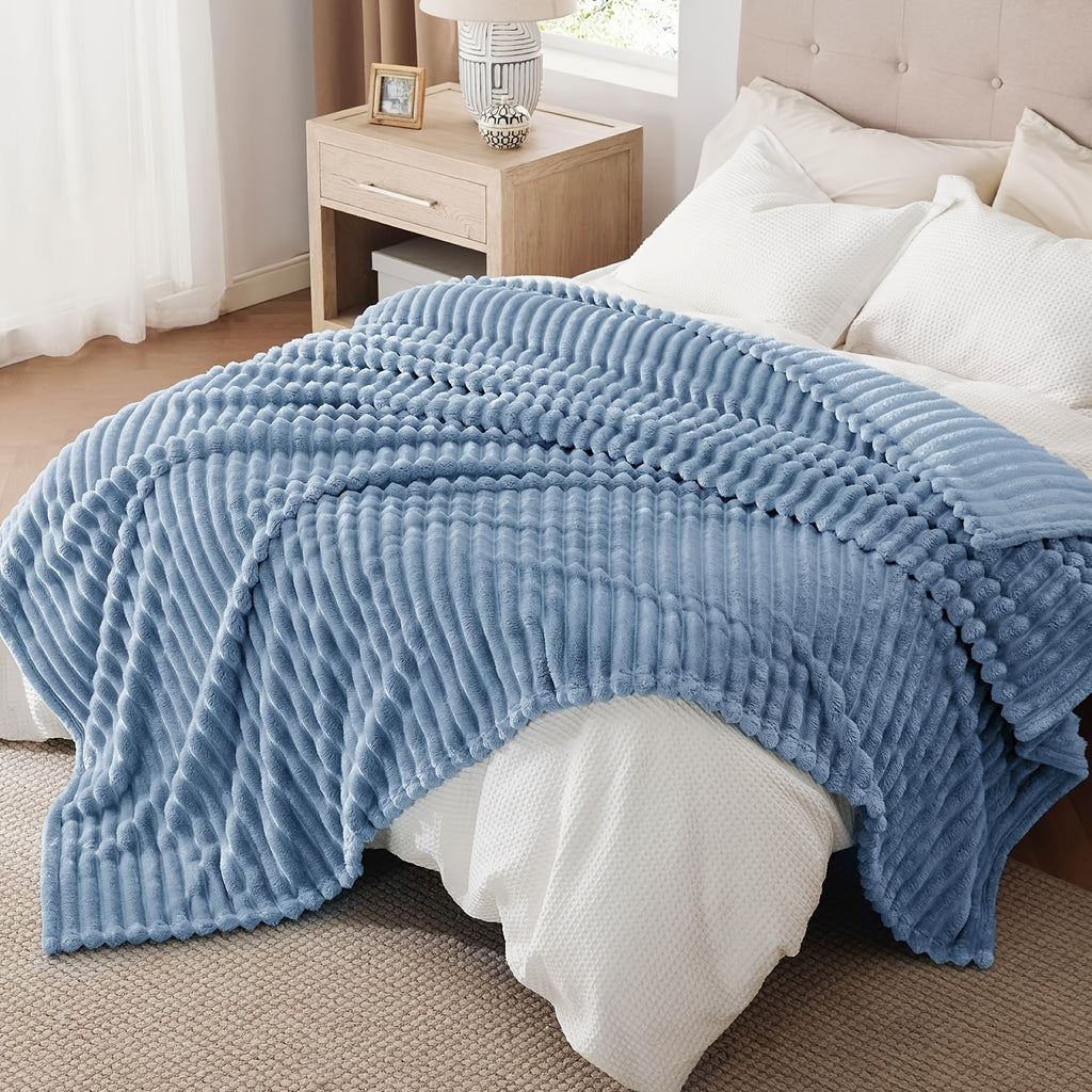 Versatile Cozy Home Textile Accent – comfortable everyday home styling, Luxurious Double-Sided Faux Rabbit Fur Throw Blanket - Cozy Striped Flannel Soft And Warm, designed for American homes, daily convenience and practical gifting