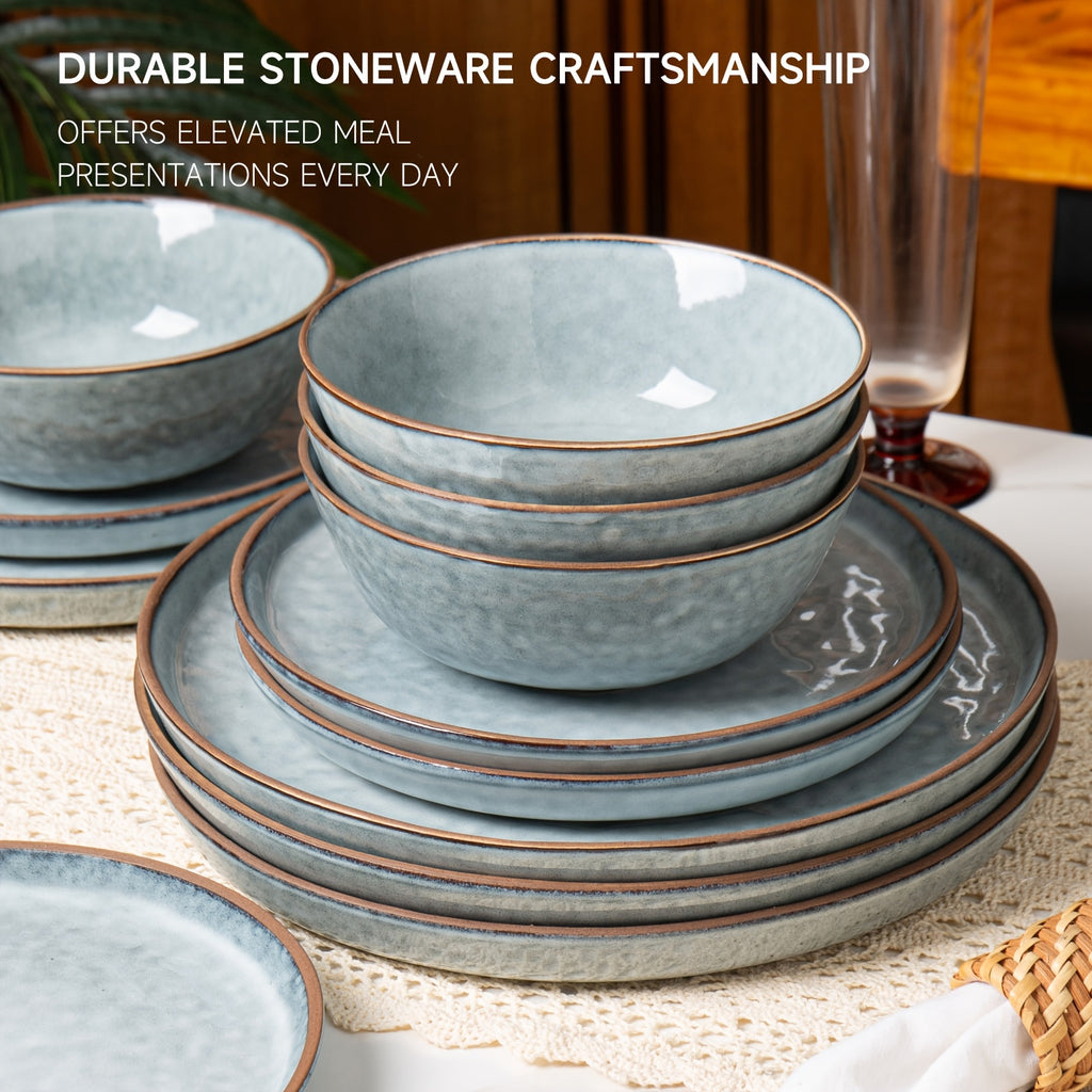 Heavy-Duty 12pcs Decorative Home Lighting – warm functional room lighting, ALOFMO 12pcs Light Grayish Blue Reactive Glaze Ceramic Dinnerware Set High-Quality Water Wave Stoneware, designed for American homes, daily convenience and practical gifting
