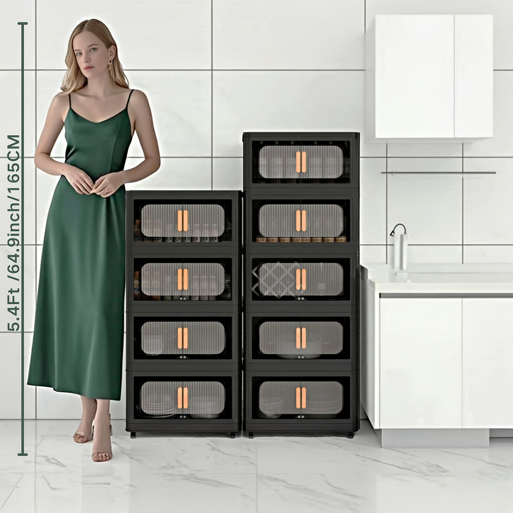 4/5 Tier Large Double Door Storage Locker & Bin, Collapsible Stackable Sturdy Space-Saving Plastic Organizer with 360° Rotatable Lockable Wheels - All-Purpose Organizer for Dorm, Office, Closet, Living Room, Gym, School, Garage, Bedroom, Basement